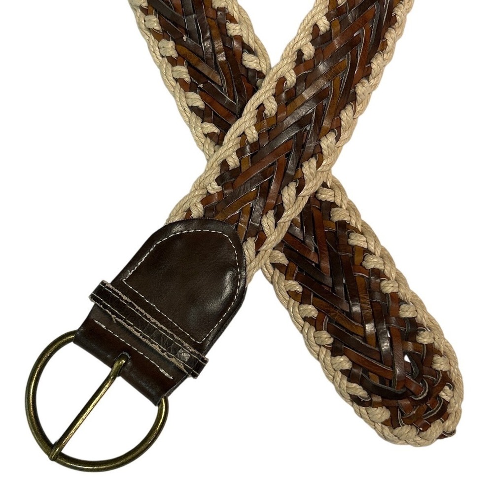 Braided Leather and Rope Woven Belt Brass Circle Buckle Size 11-13 (up to 41")